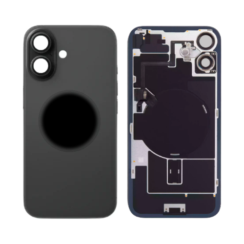 BACK COVER + PIASTRA METALLICA + VETRO CAMERA + ANTENNA NFC + FLAT FLASH PER APPLE IPHONE 16 PLUS SCOCCA VETRO COPRIBATTERIA POSTERIORE NERO BLACK