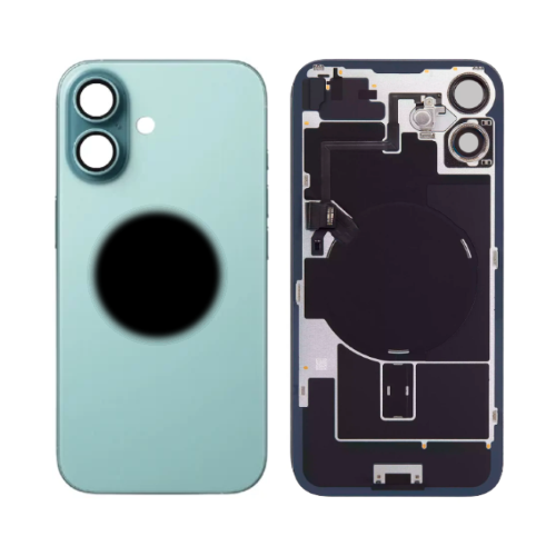 BACK COVER + PIASTRA METALLICA + VETRO CAMERA + ANTENNA NFC + FLAT FLASH PER APPLE IPHONE 16 SCOCCA VETRO COPRIBATTERIA POSTERIORE VERDE GREEN
