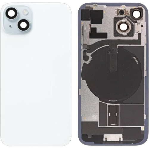 BACK COVER + PIASTRA METALLICA + VETRO CAMERA + ANTENNA NFC + FLAT FLASH PER APPLE IPHONE 15 PLUS SCOCCA VETRO COPRIBATTERIA POSTERIORE BLUE BLU WHITE