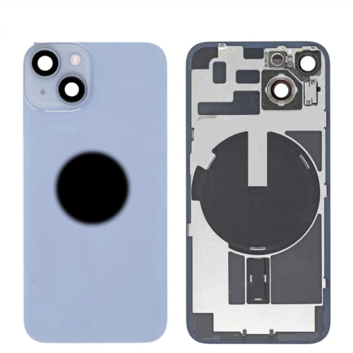 BACK COVER + PIASTRA METALLICA + VETRO CAMERA PER APPLE IPHONE 14 SCOCCA VETRO COPRIBATTERIA POSTERIORE BLUE BLU