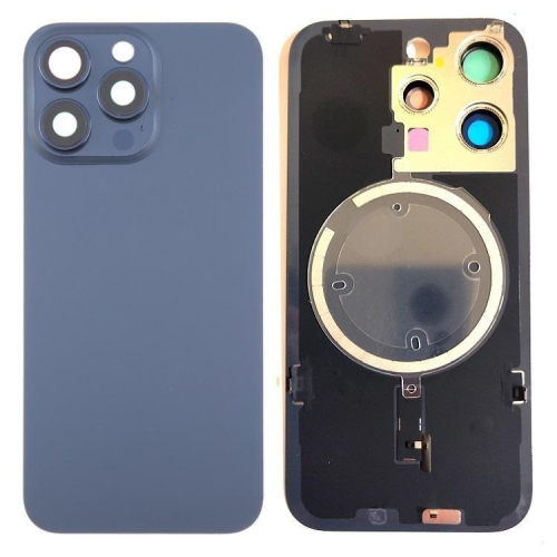 BACK COVER + PIASTRA METALLICA + VETRO CAMERA PER APPLE IPHONE 15 PRO SCOCCA VETRO COPRIBATTERIA POSTERIORE TITANIUM BLU